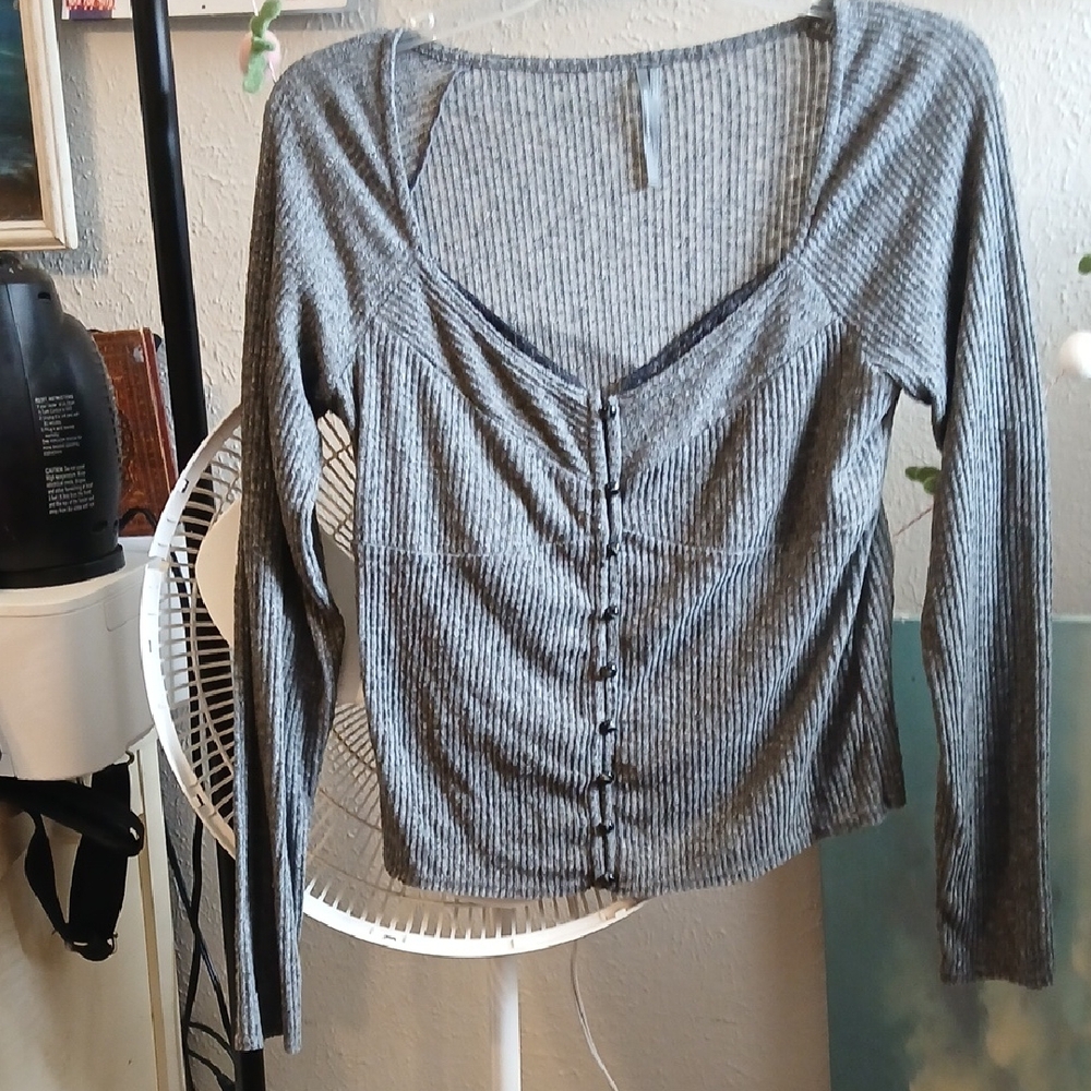Anthropologie Charcoal Button-Down Ribbed Top